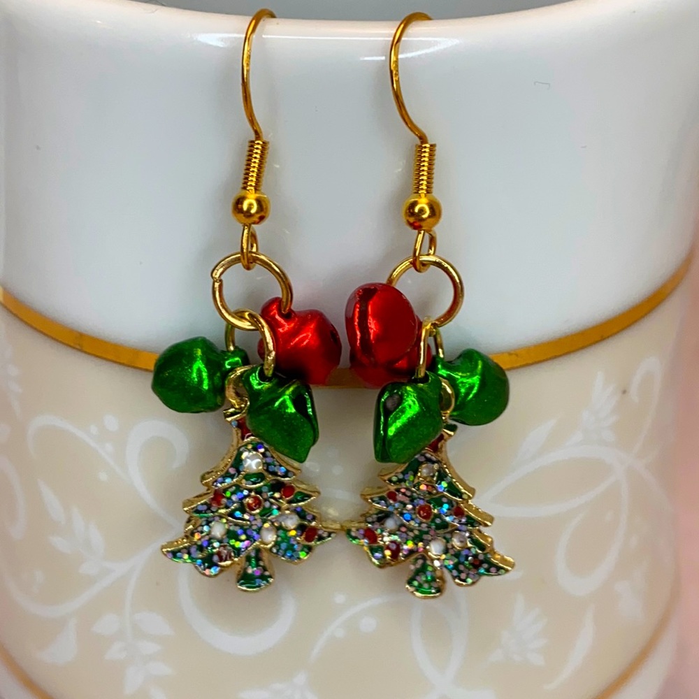 Holiday Christmas Tree Bells Dangling Earrings